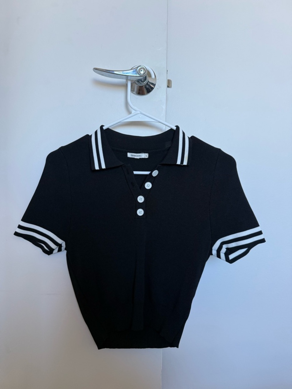 Black Knit Polo Top with White Stripe Trim